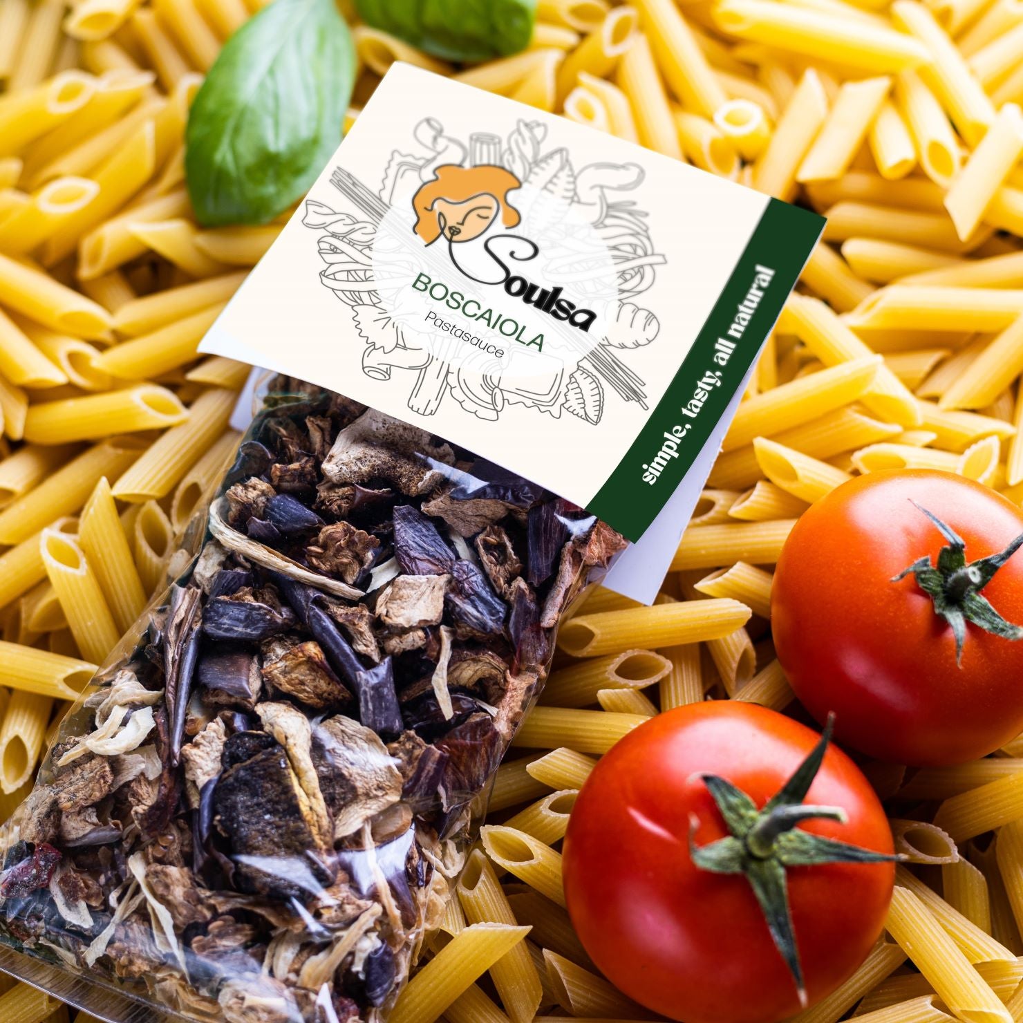 Soulsa Pastasauce Boscaiola mit Steinpilzen und Aubergine auf Nudeln