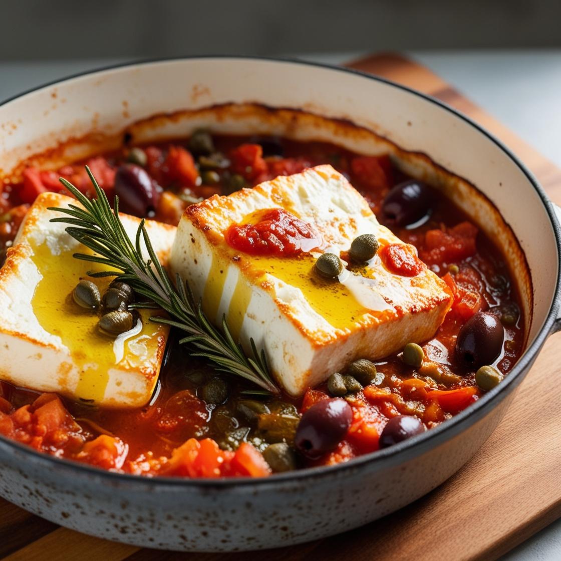 Gebackener Feta mit Tomaten-Puttanesca Sauce aus dem Ofen